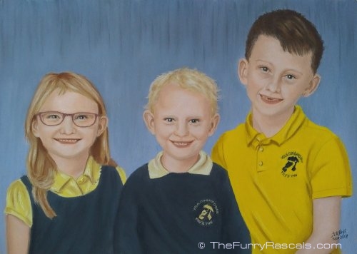 Children Portrait Painting of brothers and sister in soft pastels